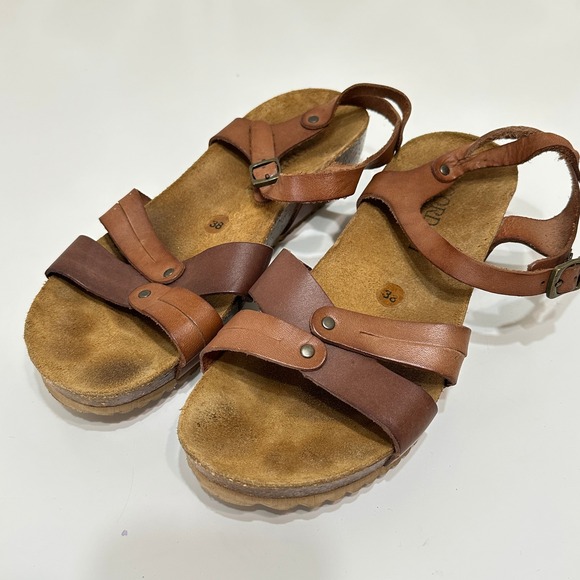 Cordani Boho Leather Sandals Womens‎ 38 / 7.5 Ankle Strap Comfort Cork Platform - Picture 1 of 10